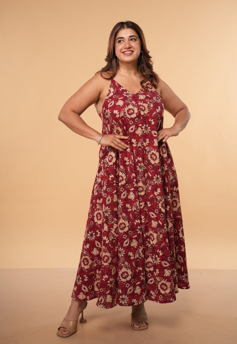 Sonam Red Dabu Slub  Cotton A Line Dress