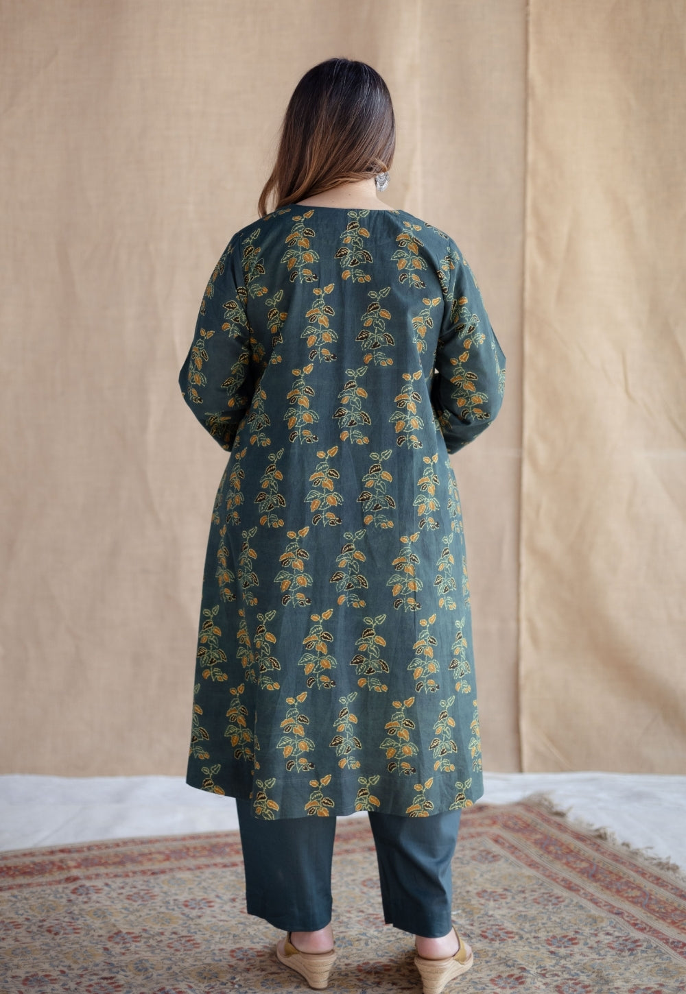 Sayali Green Ajrakh Cotton A Line Kurta with Hand Embroidery