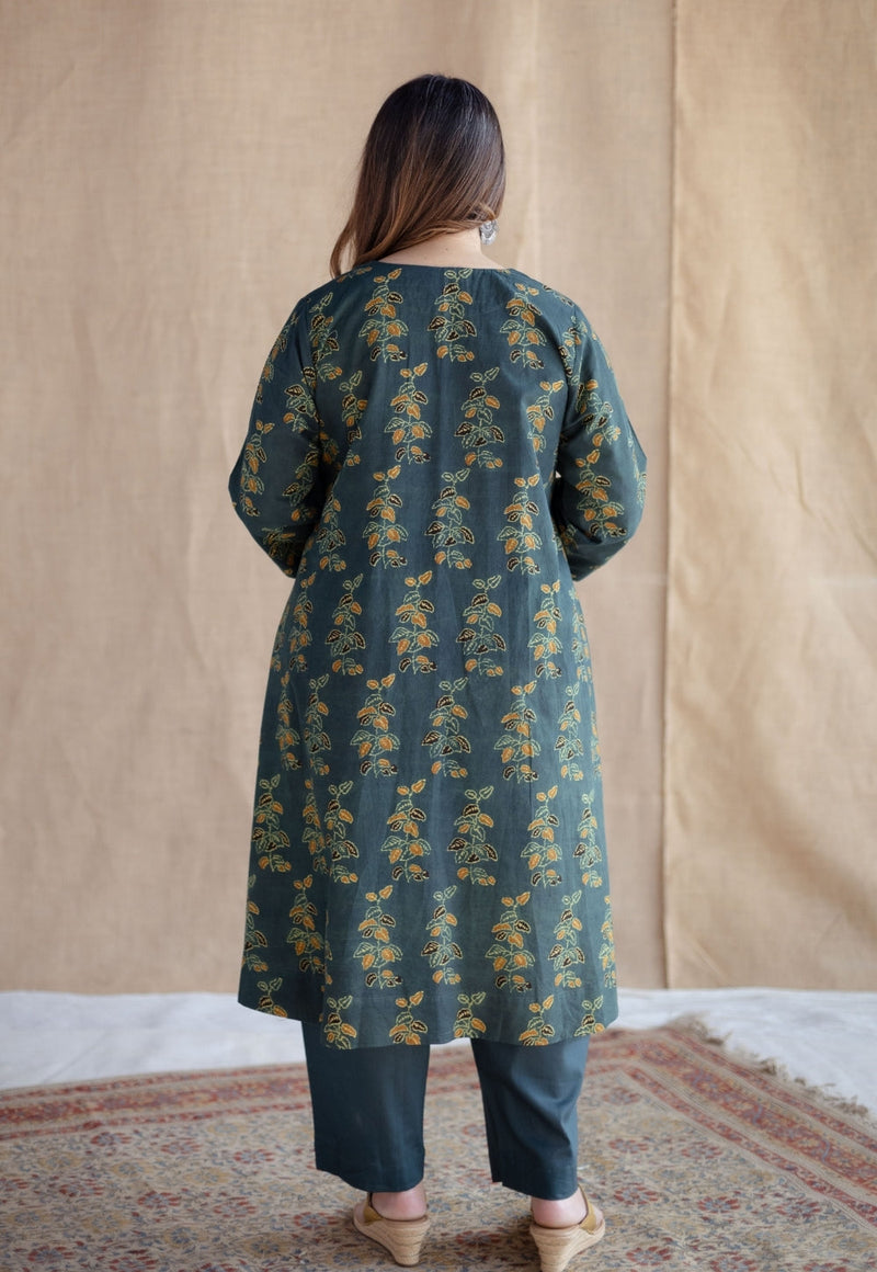 Sayali Green Ajrakh Cotton A Line Kurta with Hand Embroidery