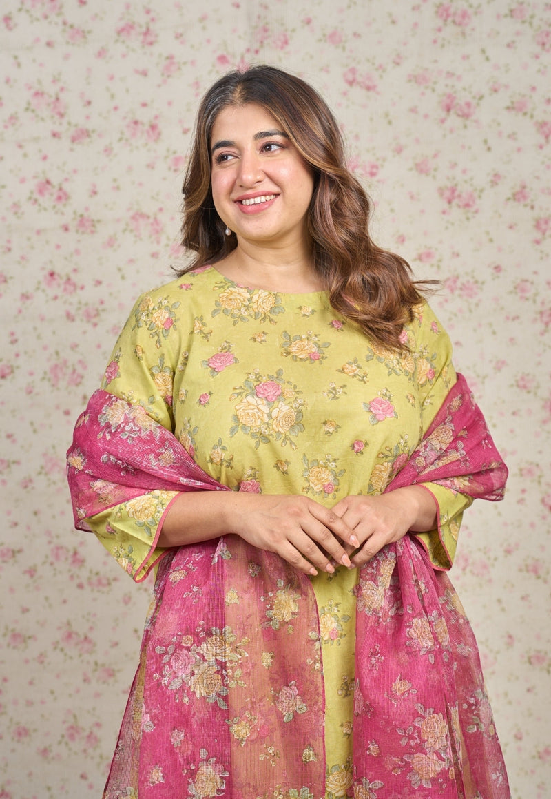 Lily Green Sanganeri Mul Cotton A Line Kurta