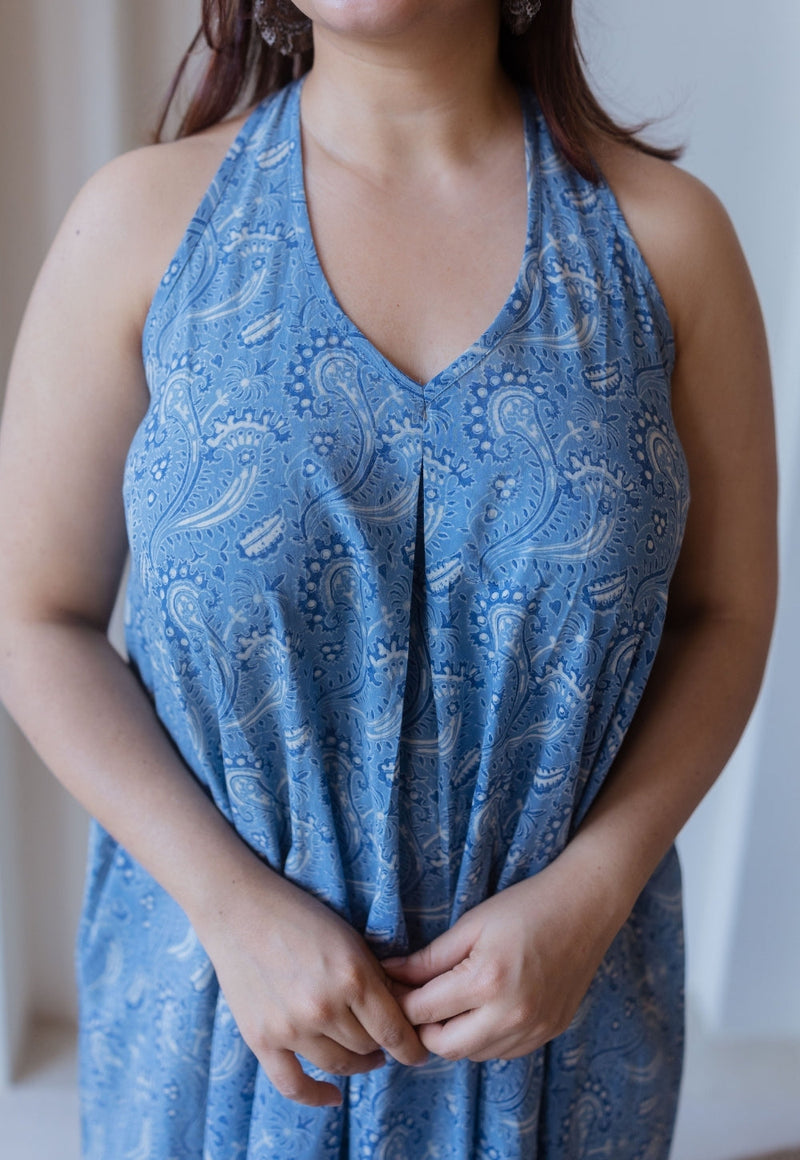 Naimat Blue Ajrakh Cotton A Line Dress