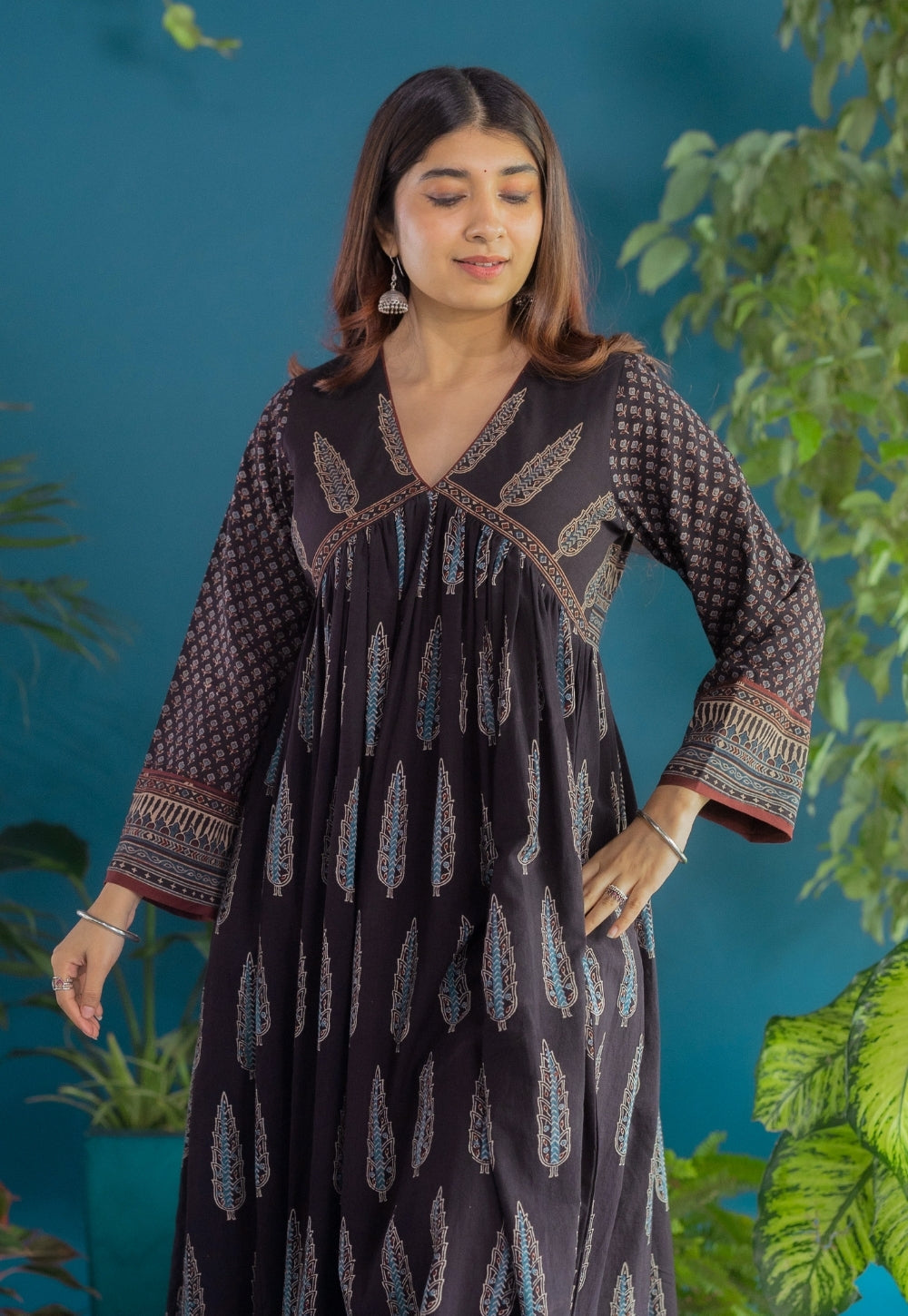 Sneha Black Ajrakh Cotton A Line Kurta