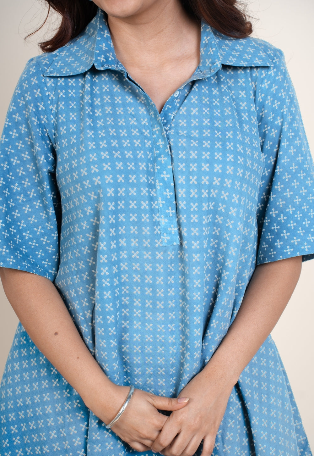 Srisha Blue Ajrakh Cotton A Line Dress