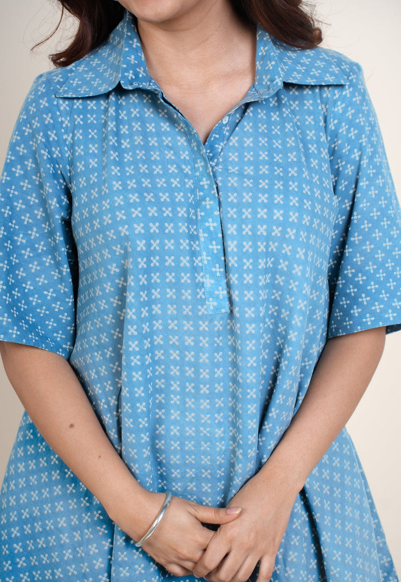 Srisha Blue Ajrakh Cotton A Line Dress