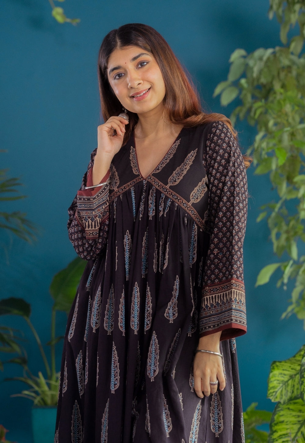 Sneha Black Ajrakh Cotton A Line Kurta