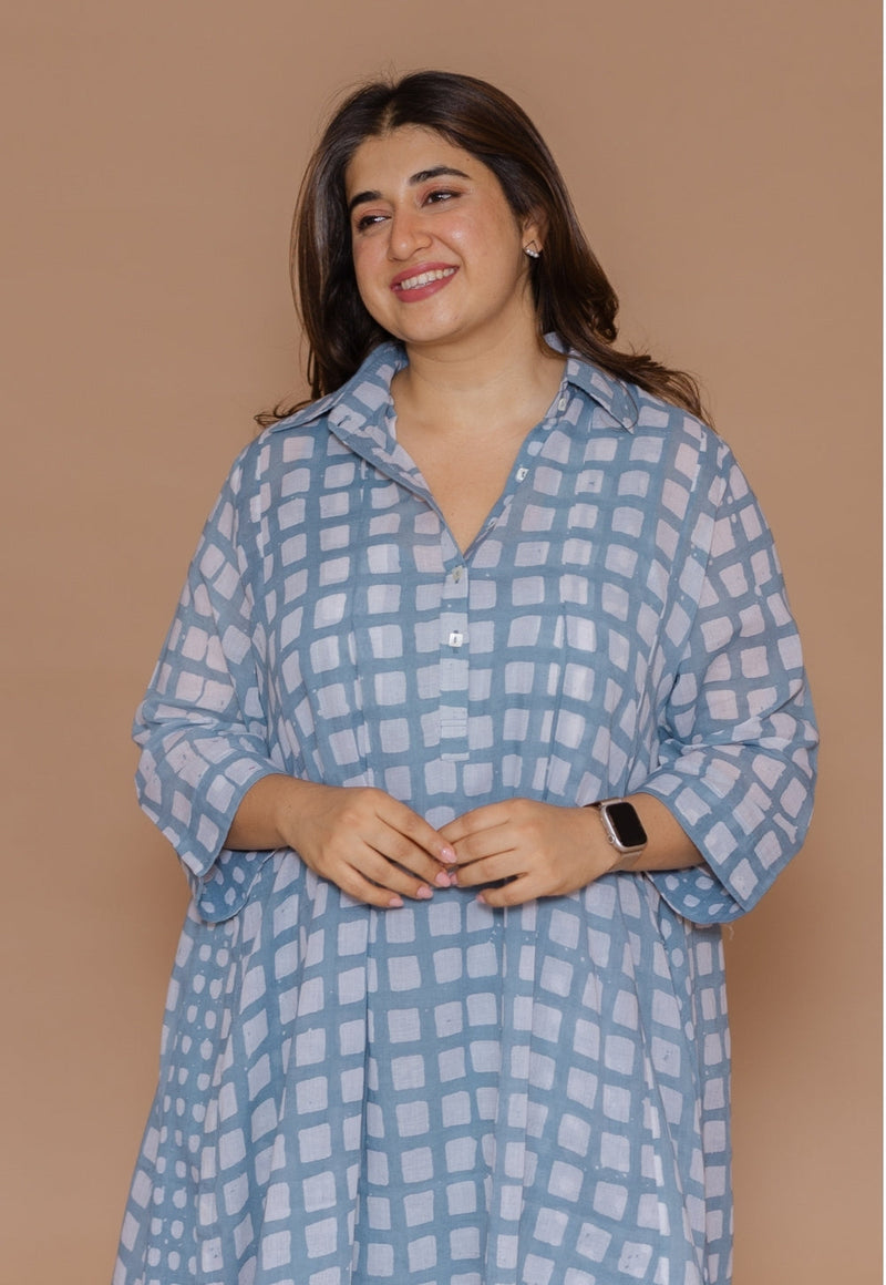 Safiya Blue Batik MulMul A Line Dress with Slip