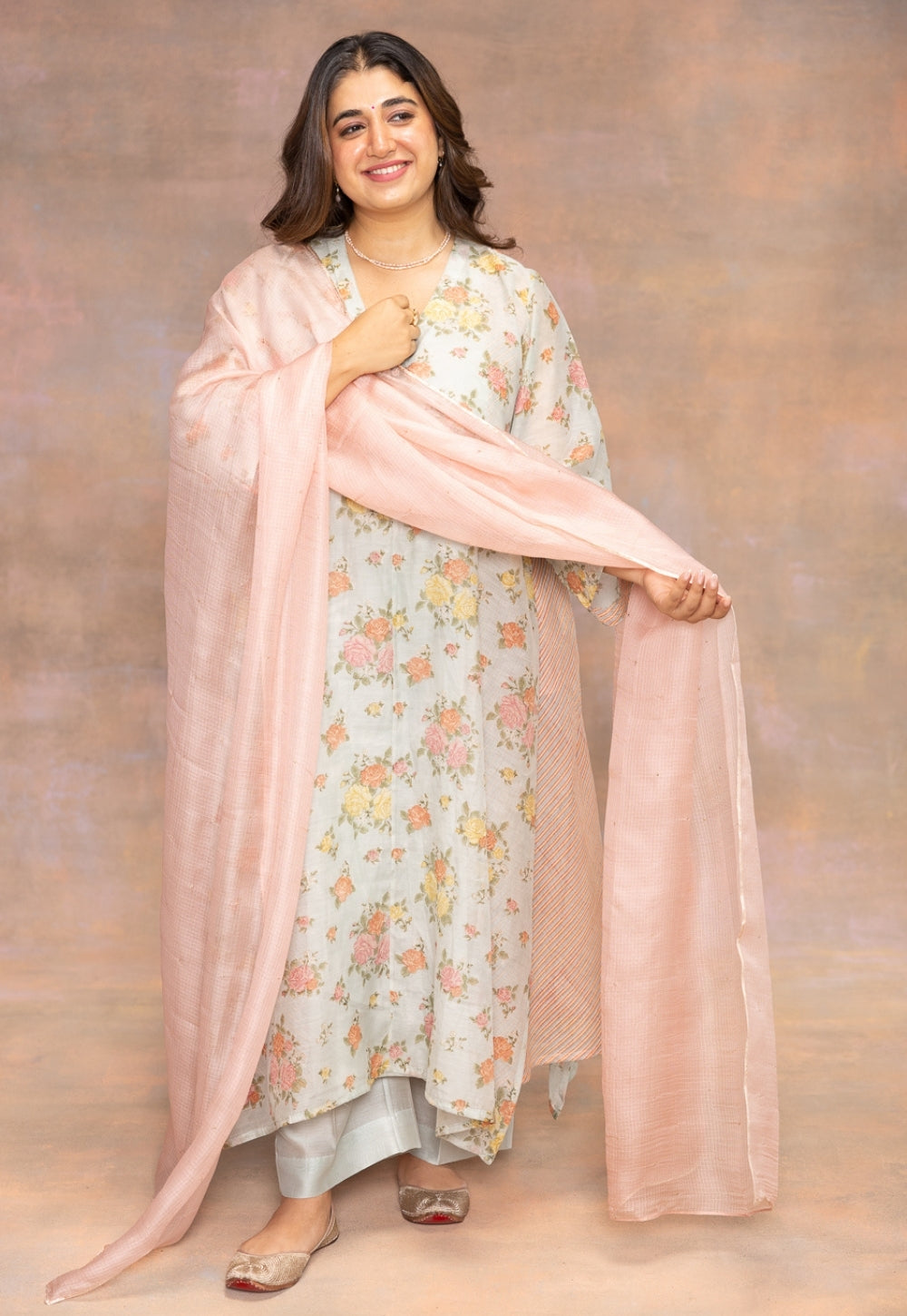 Rosalie Blue Sanganeri Chanderi Silk A Line Kurta with Hand Embroidery and Slip