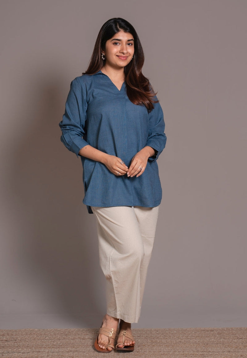 Blue Solid Slub Cotton Straight Short Top - DyeVerse