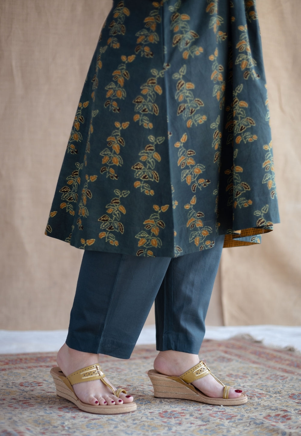 Sayali Green Ajrakh Cotton A Line Kurta with Hand Embroidery