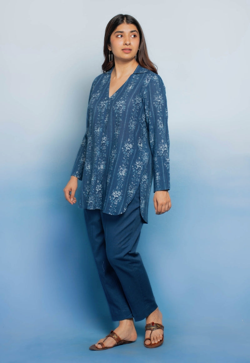 Zohal Blue Dabu Mul Cotton Straight Short Top