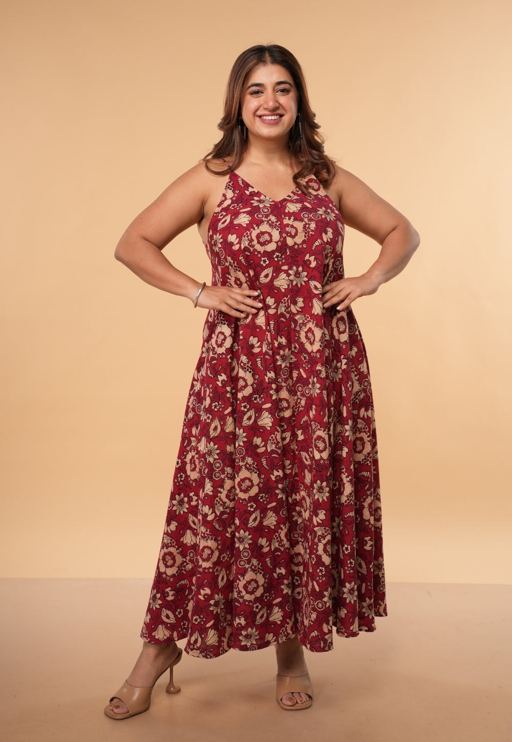 Sonam Red Dabu Slub  Cotton A Line Dress
