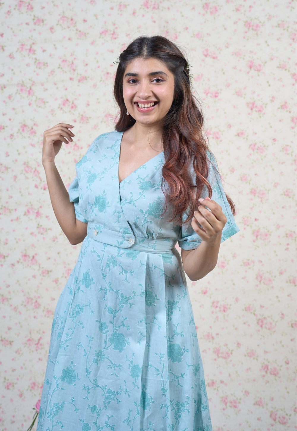 Clara Blue Sanganeri Mul Cotton A Line Dress