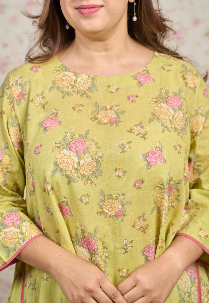 Lily Green Sanganeri Mul Cotton A Line Kurta