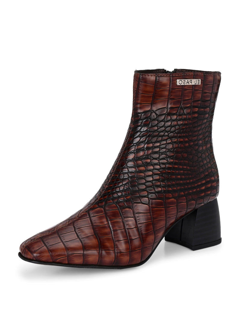 Brown crocodile-patterned high heel boot with a block heel and El Paso branding.