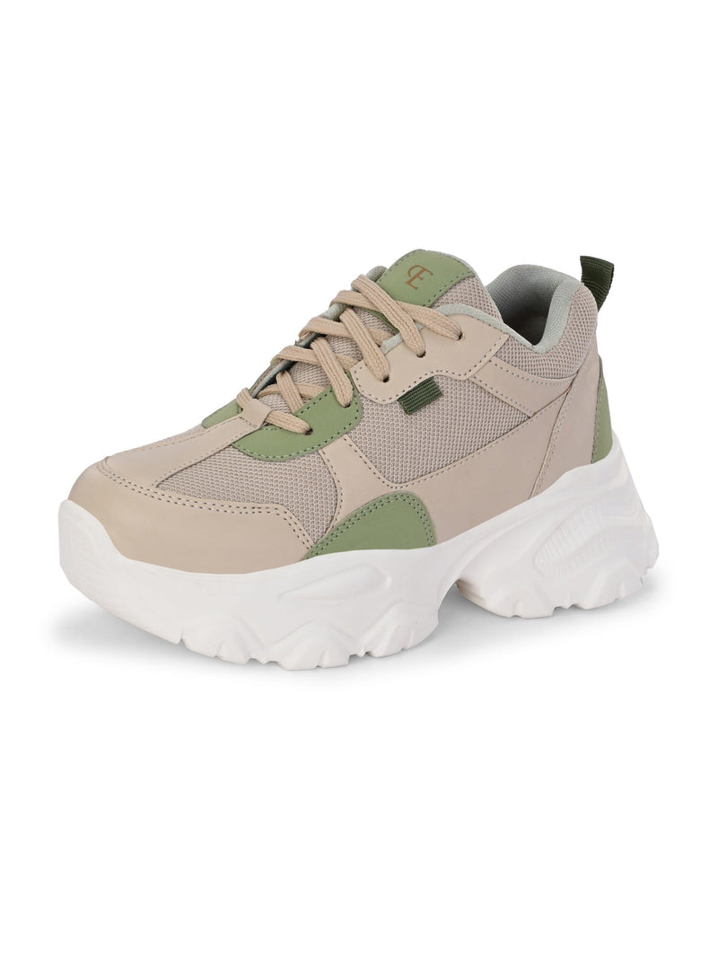 EL PASO Women Beige Faux Leather Casual Lace Up Sneakers-5
