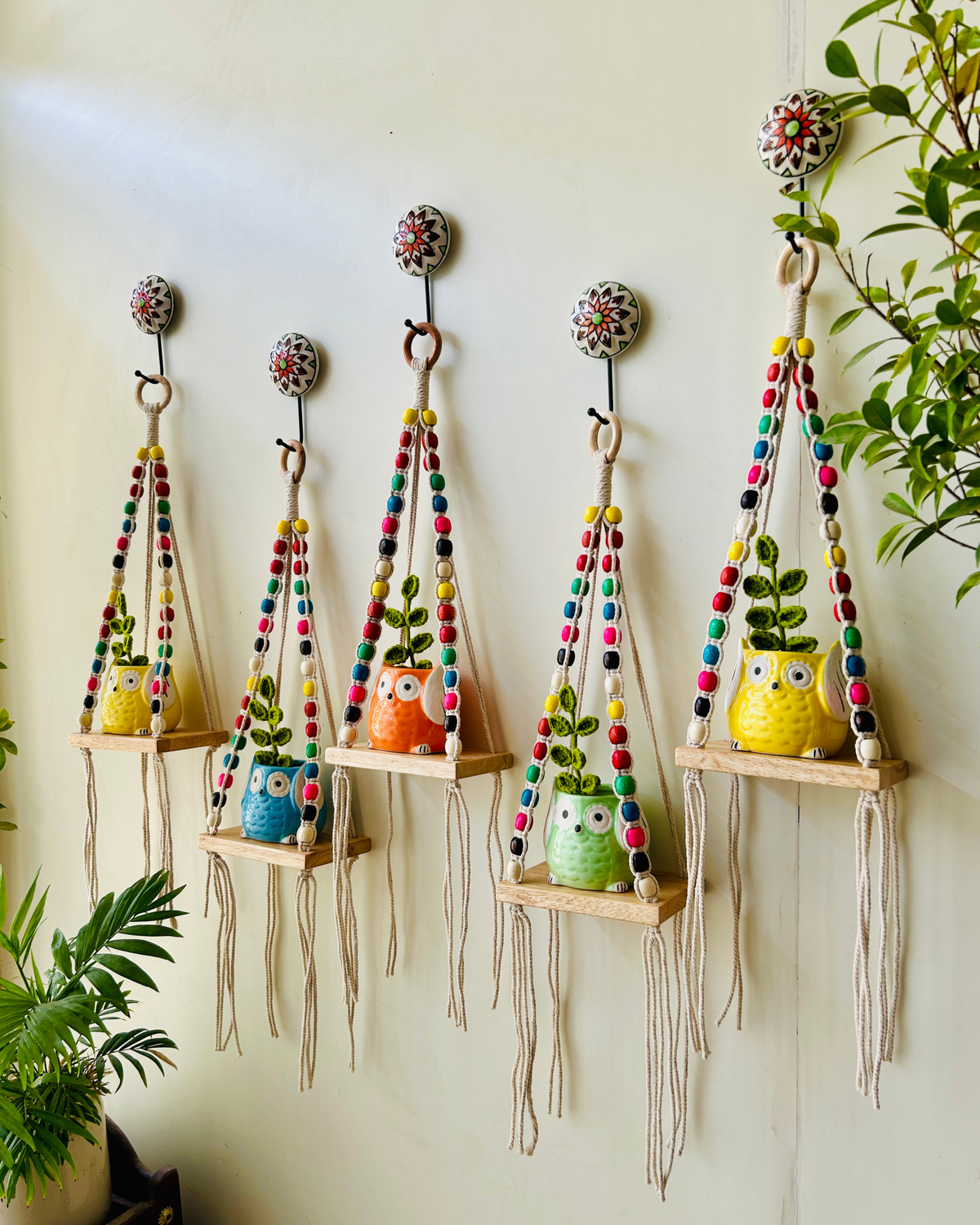 Colorful Macrame Beaded’ Mini Wall Shelves with ceramic hooks and ceramic owl planters