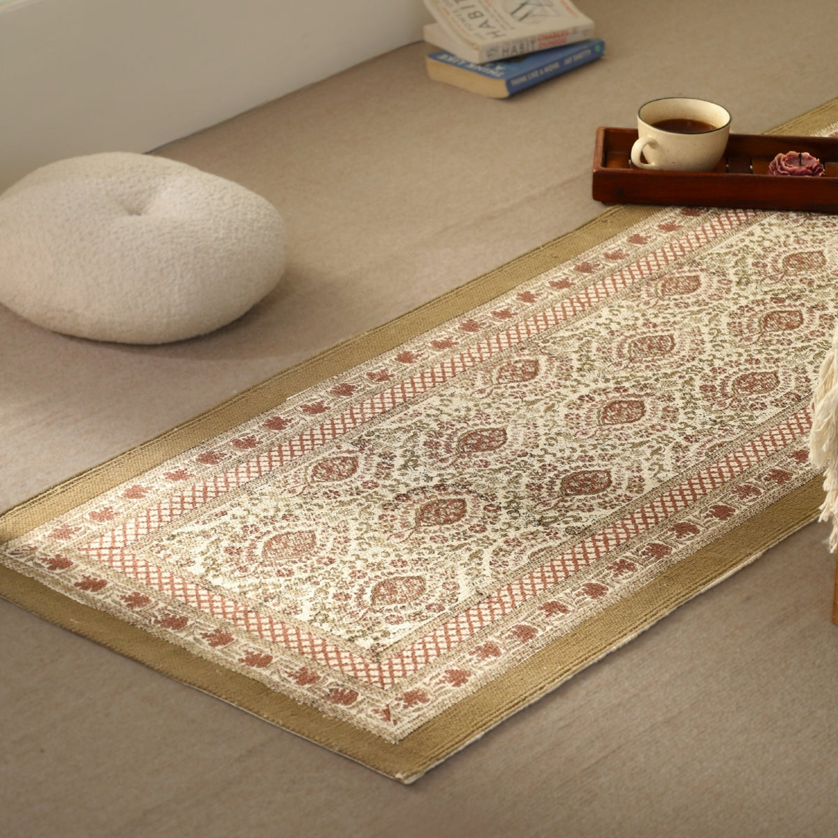 Cotton Floor Rug for Living Room and Bedroom hand block printed in Ivory and Rust Colour | Soft Washable Area Rug