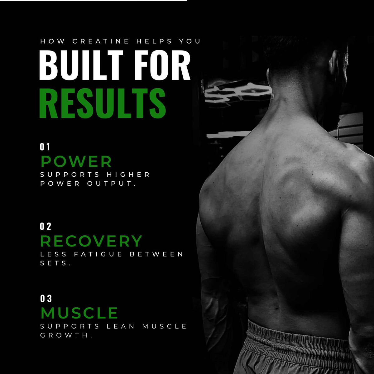 Muscular person from behind with text about creatine benefits on a black background