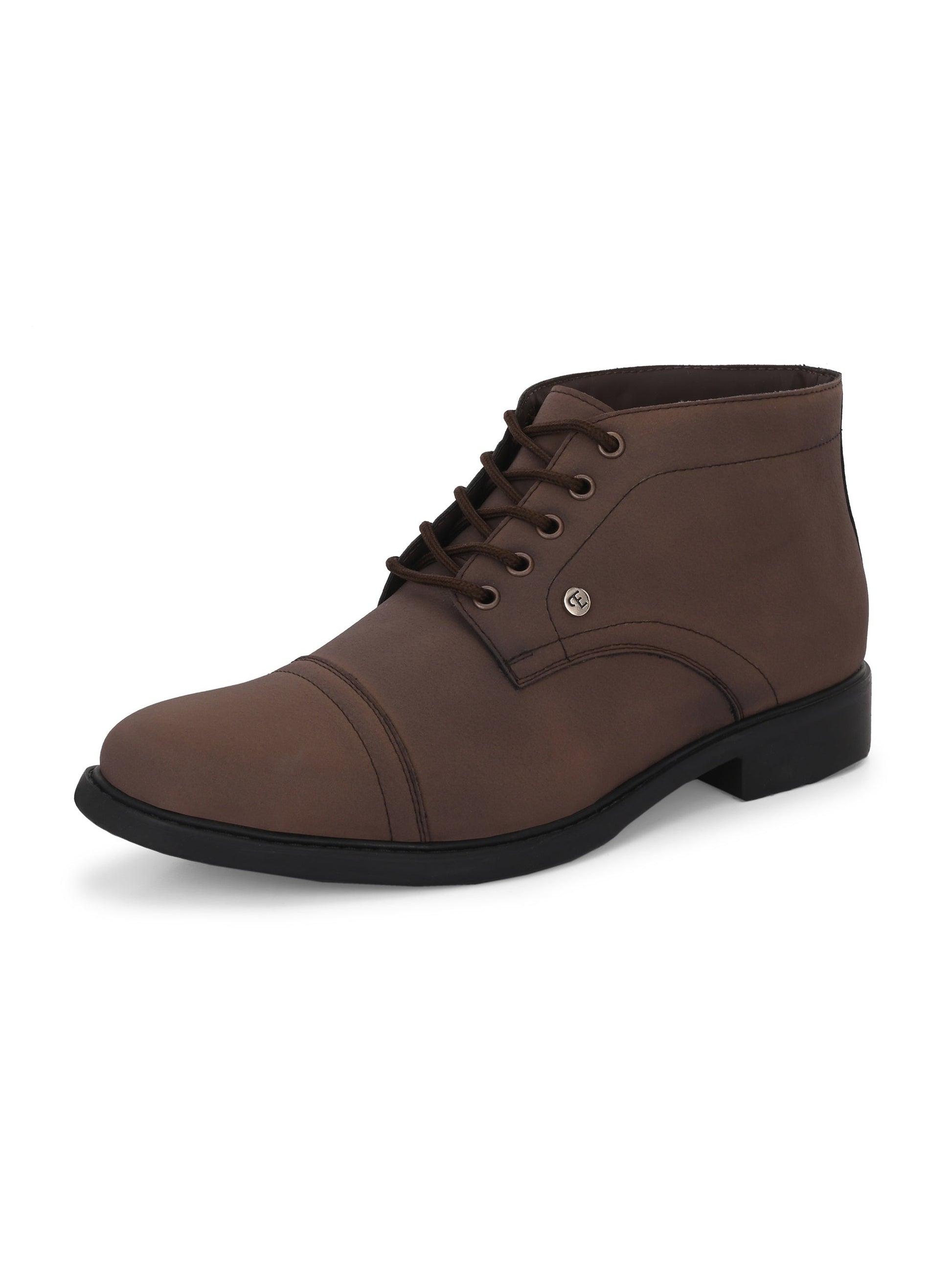 Faux leather casual boots with a cap toe, sleek design, metal eyelets, and a small brand logo near the ankle.