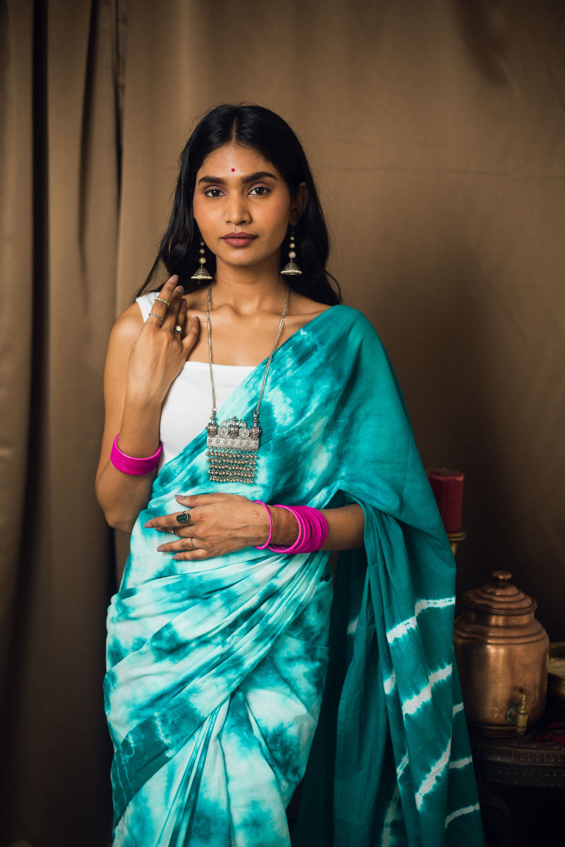 Cotton Mul Tie Dye Saree Mint Masala-6