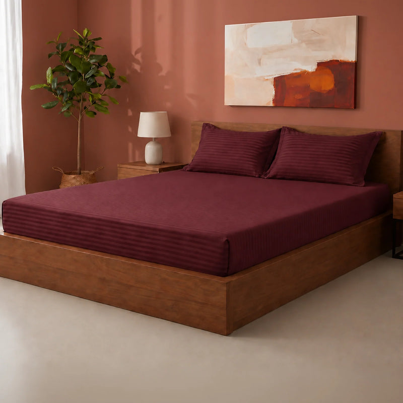 Breton Drift - Satin Stripes Fitted Bedsheet (Maroon)-6