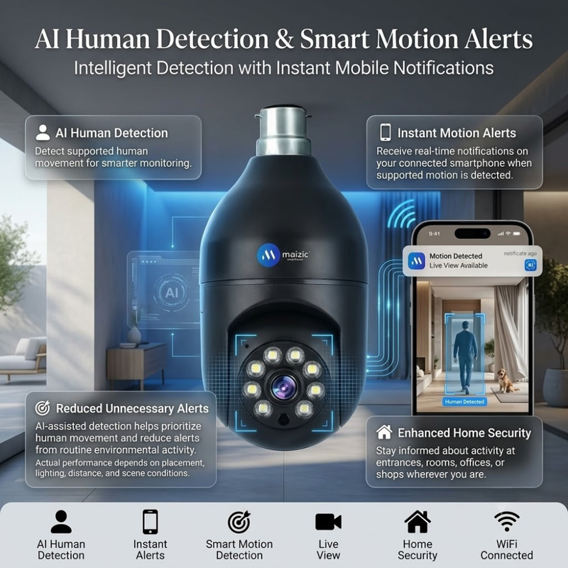Maizic Smarthome Black smart indian Bulb Holder CCTV Camera 3MP | 360° Auto Rotation | WiFi Indoor Security Camera | AI Human Detection | Motion Detection | Color Night Vision | Two-Way Audio
