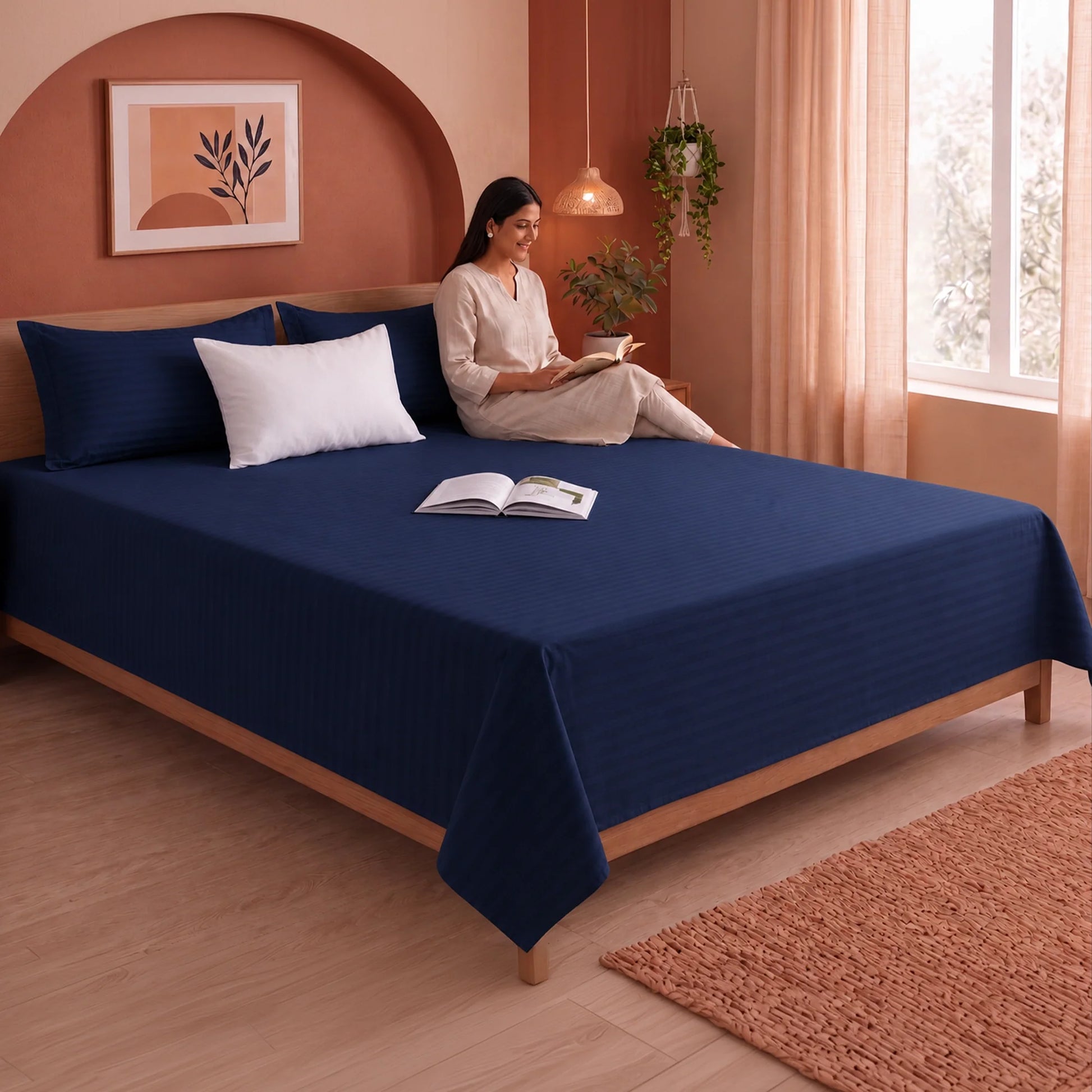 Breton Nap - Satin Stripes Bedsheet (Dark Blue)-6