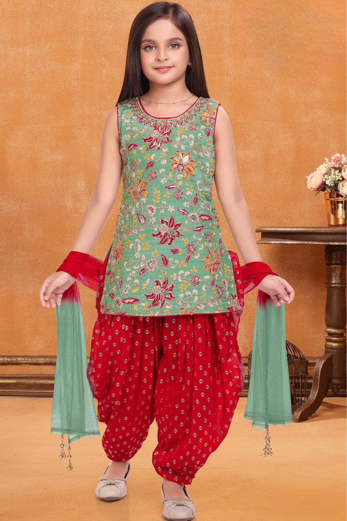 Mint Green Embroidered Patiala And Dupatta For Girls