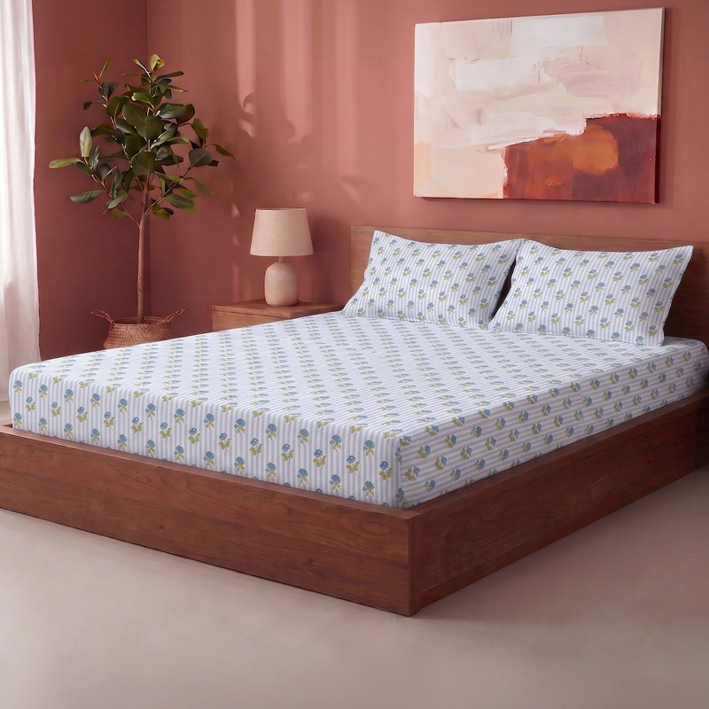 Soft Serenade - Floral Fitted Sheet (Blue)-6
