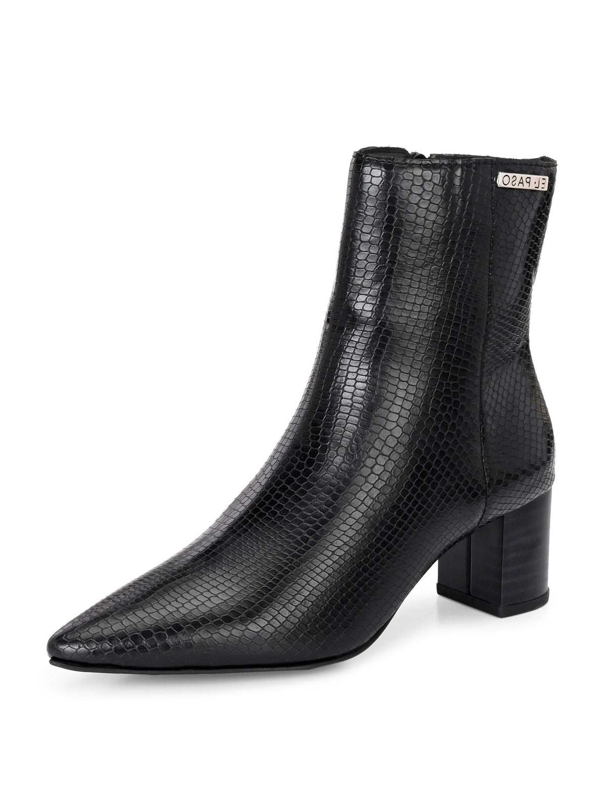 Black textured ankle boots with a sleek snakeskin pattern and a block heel design
