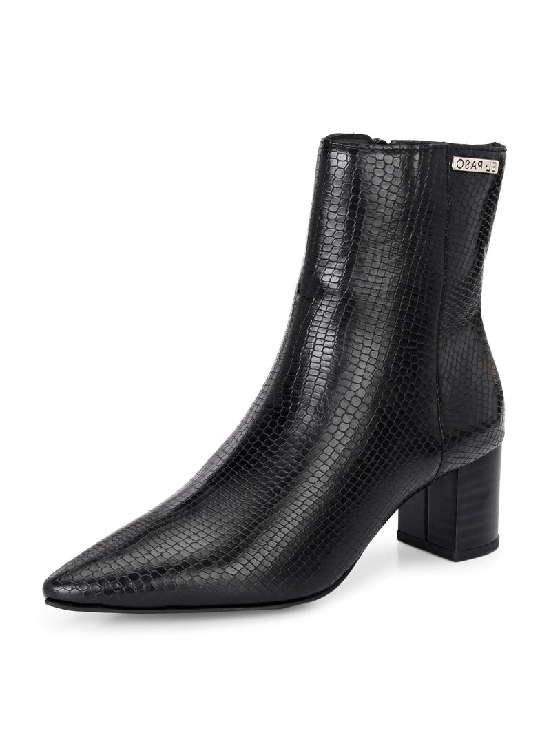 Black textured ankle boots with a sleek snakeskin pattern and a block heel design