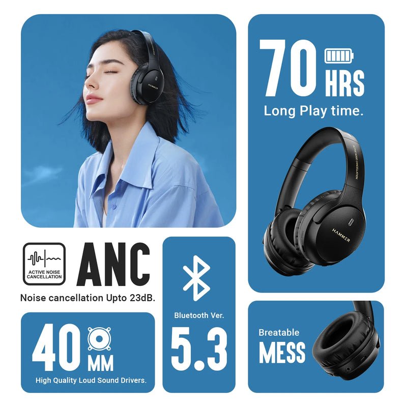 Hammer Bash Vivid ANC Wireless Bluetooth Over-Ear Headphones with 23 dB 70h Playtime, Type-C Fast Charging, Foldable Black-11