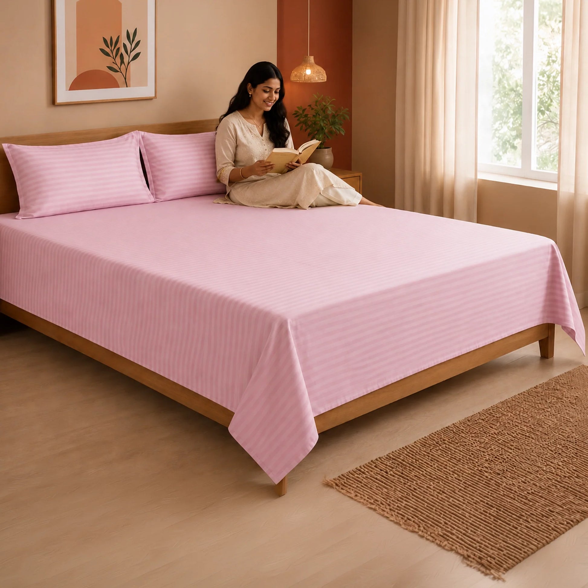 Breton Nap - Satin Stripes Bedsheet (Baby Pink)-6