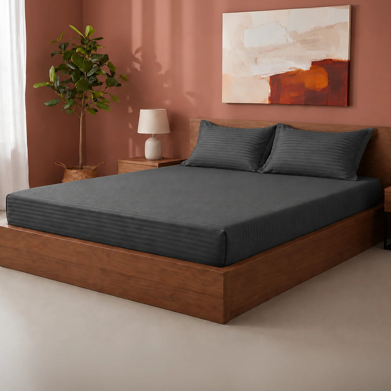 Breton Drift - Satin Stripes Fitted Bedsheet (Grey)-6