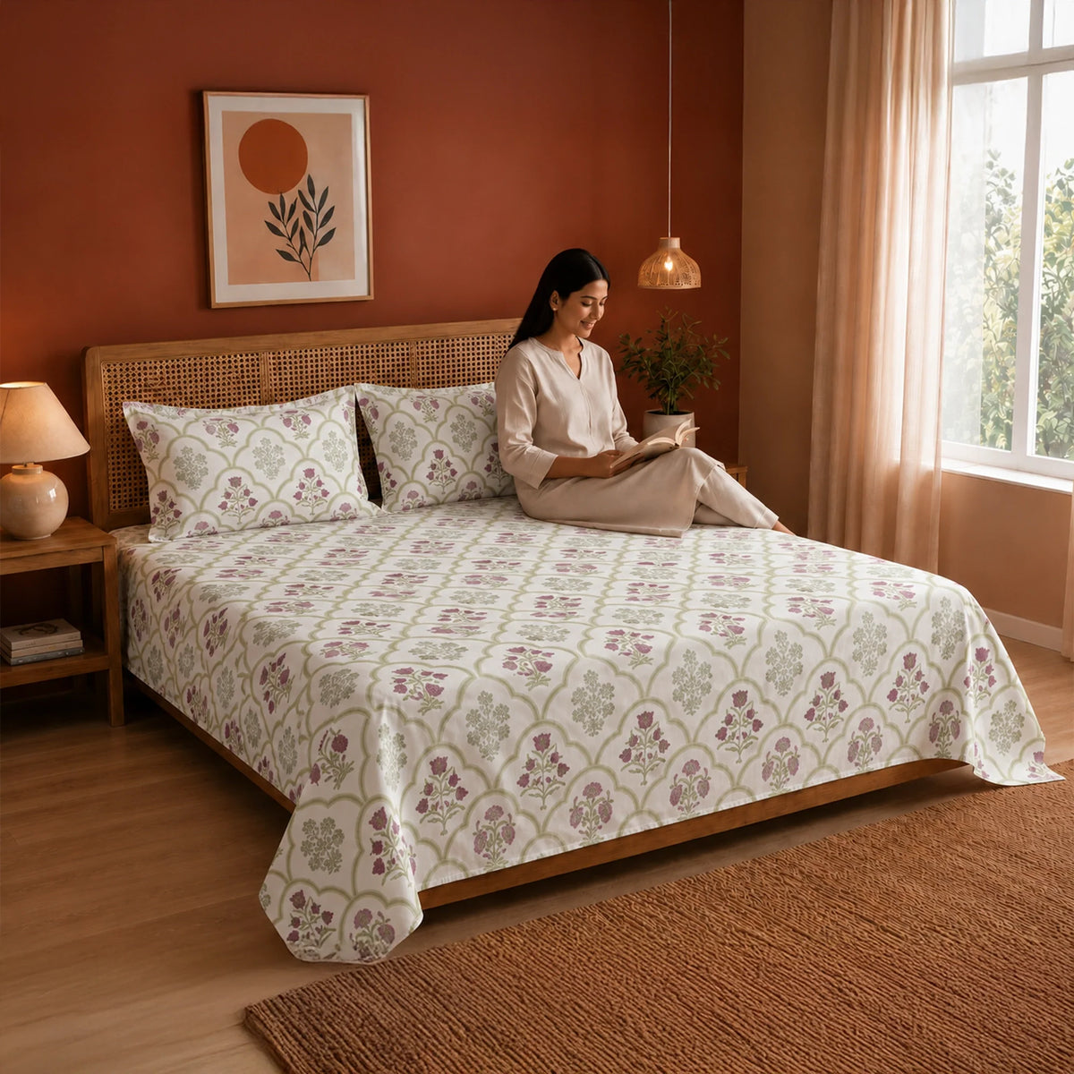 Spring Buds Pink - White Floral Bedsheet-4