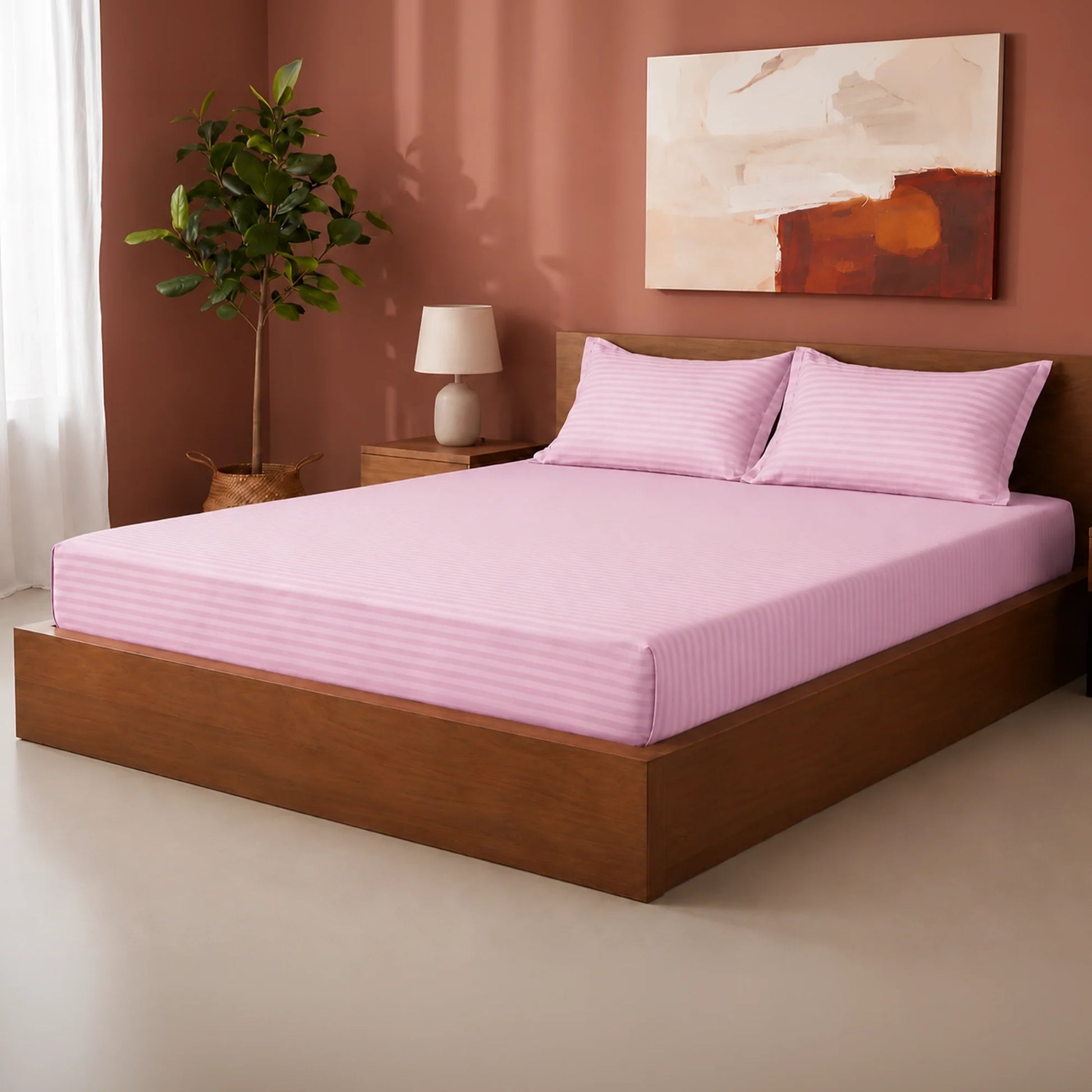 Breton Drift - Satin Stripes Fitted Bedsheet (Baby Pink)-6