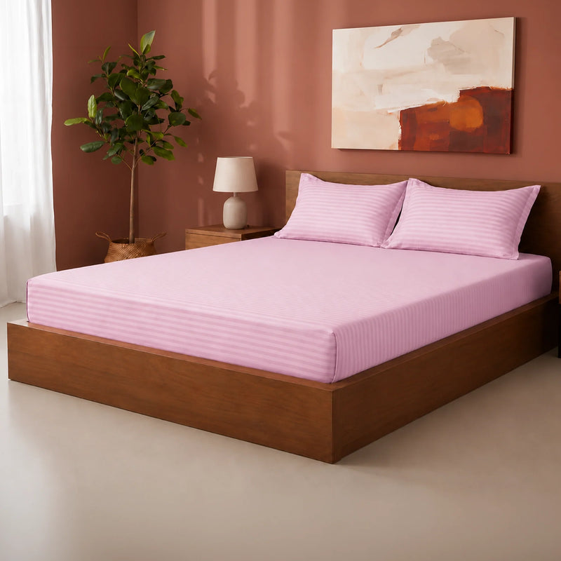 Breton Drift - Satin Stripes Fitted Bedsheet (Baby Pink)-6