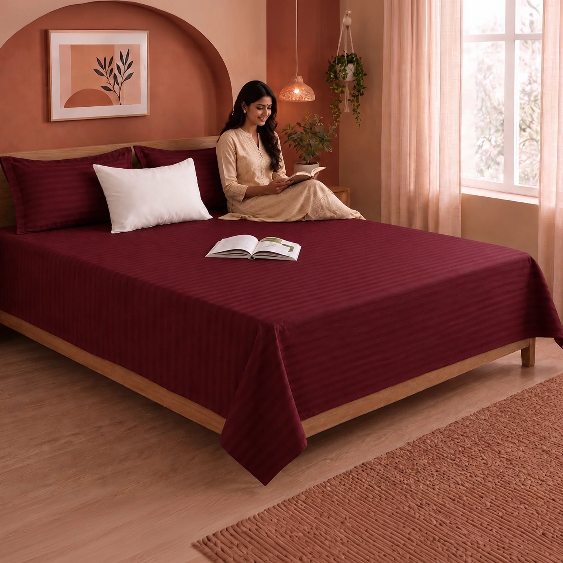 Breton Nap - Satin Stripes Bedsheet (Maroon)-6