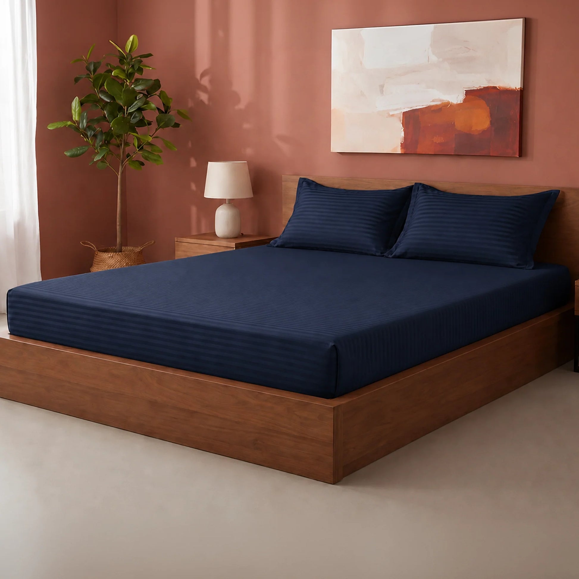 Breton Drift - Satin Stripes Fitted Bedsheet (Dark Blue)-6