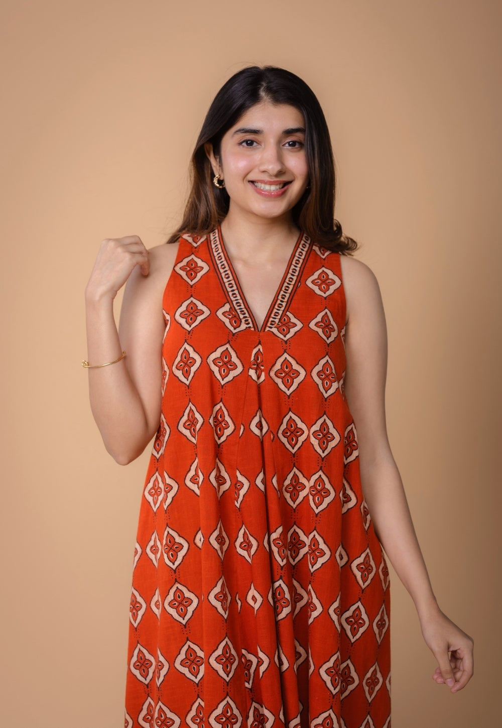 Arisha Orange Dabu Slub Cotton A Line Dress