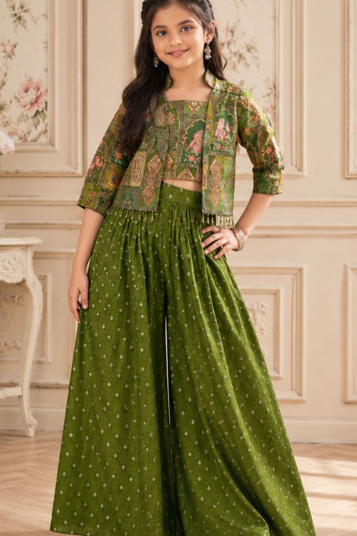 Girls Olive Green Printed Palazzo Set with Jacket and Palazzo Pants
