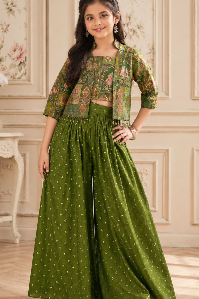 Girls Olive Green Printed Palazzo Set with Jacket and Palazzo Pants