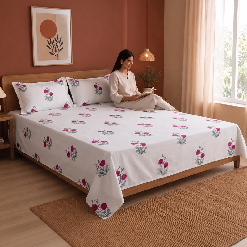 Imprimer Vignette - Floral Printed Bedsheet (Red)-6