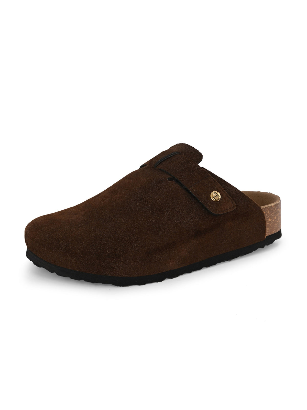 Brown suede slip-on clog with a black rubber sole and adjustable strap.