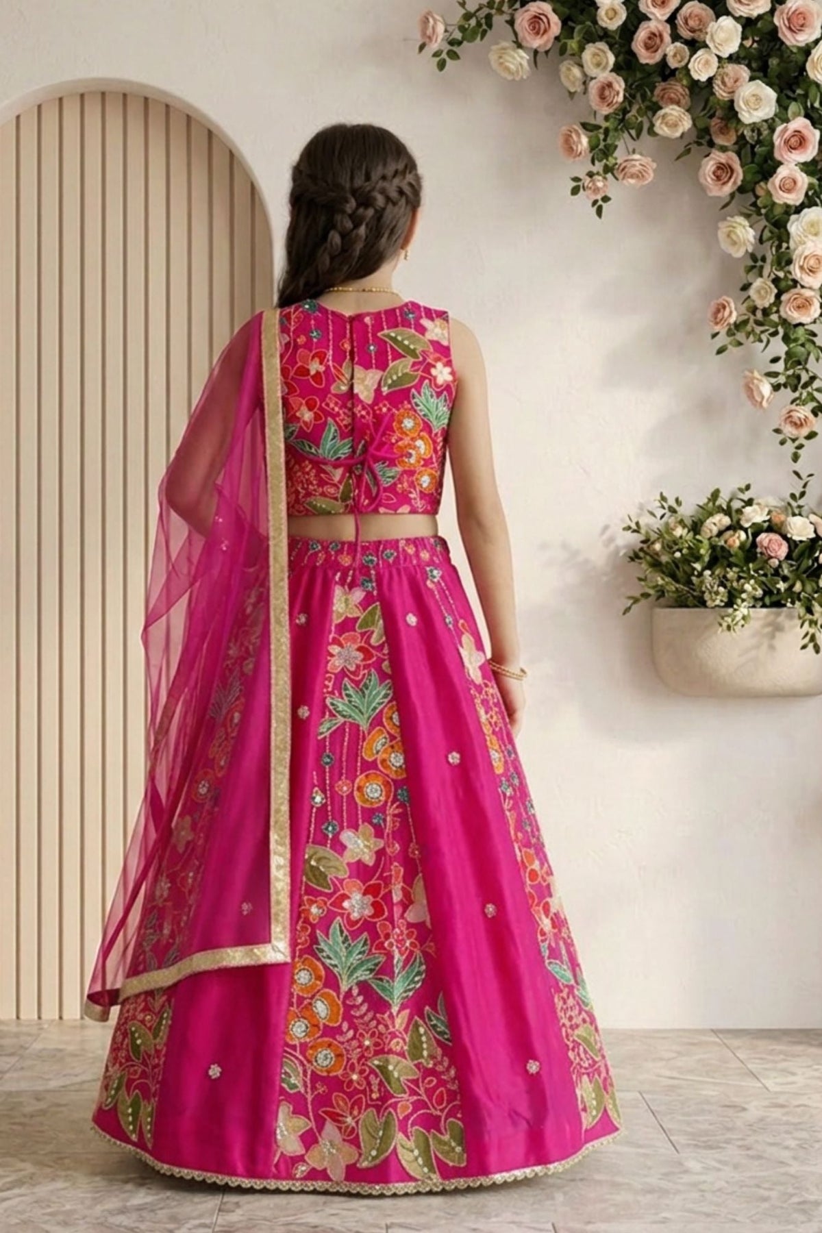 Rani Pink Floral Printed Embroidered Lehenga Choli with Dupatta
