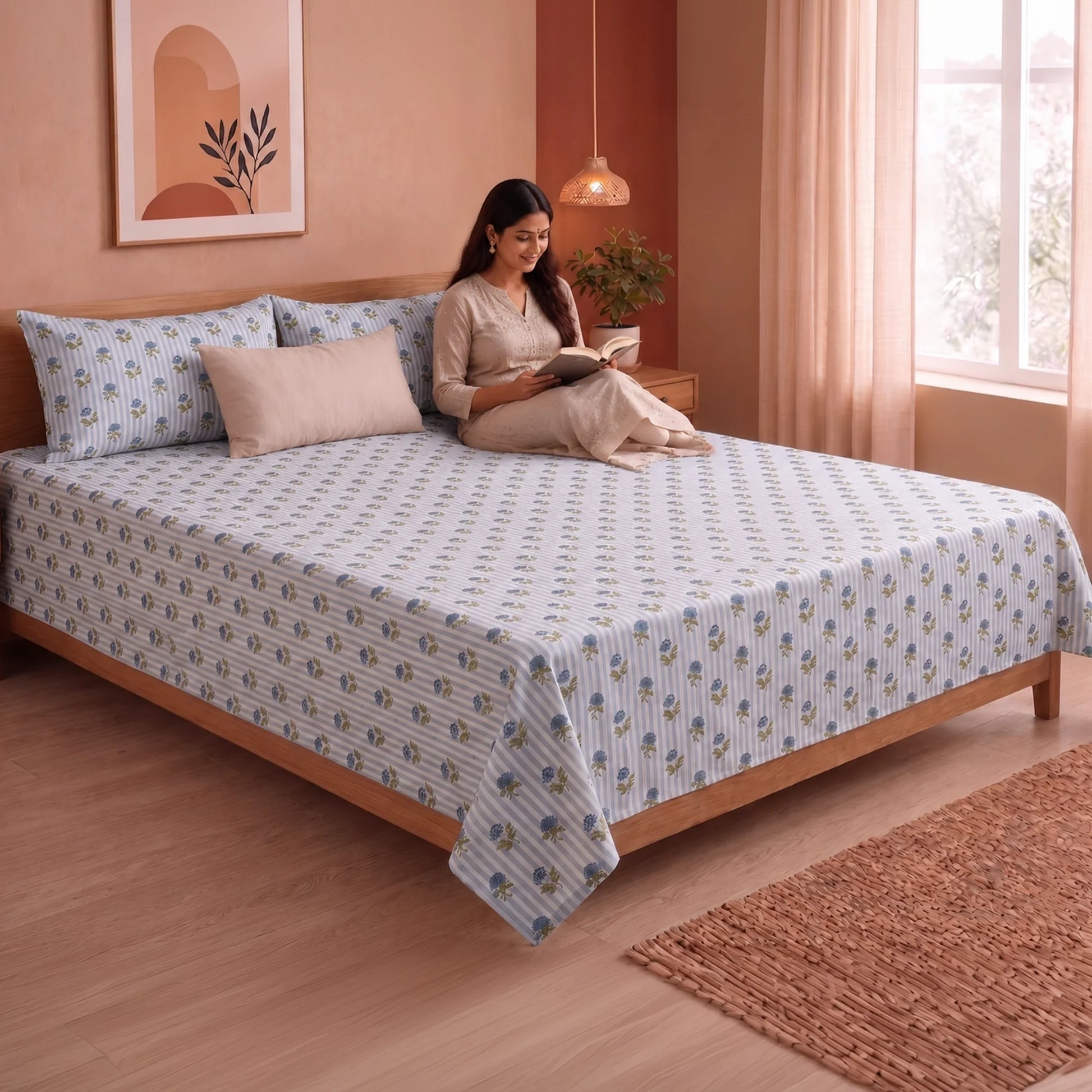 Soft Serenade - Floral Bedsheet (Blue)-8