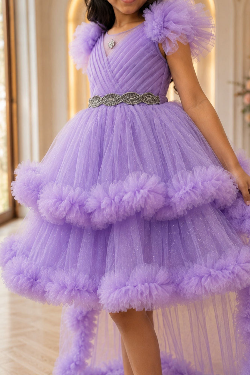 Lavender Layered Ruffle High-Low Party Wear Frock For Girls