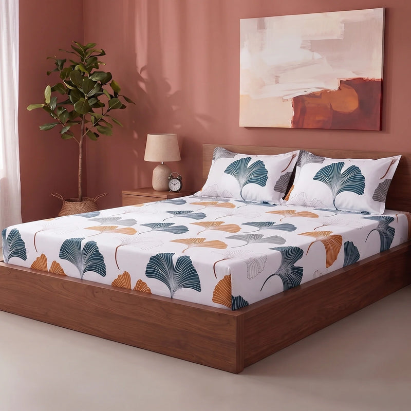 Imprimer Ginkyo - Floral Printed Fitted Bedsheet (Mustard & Grey)-6