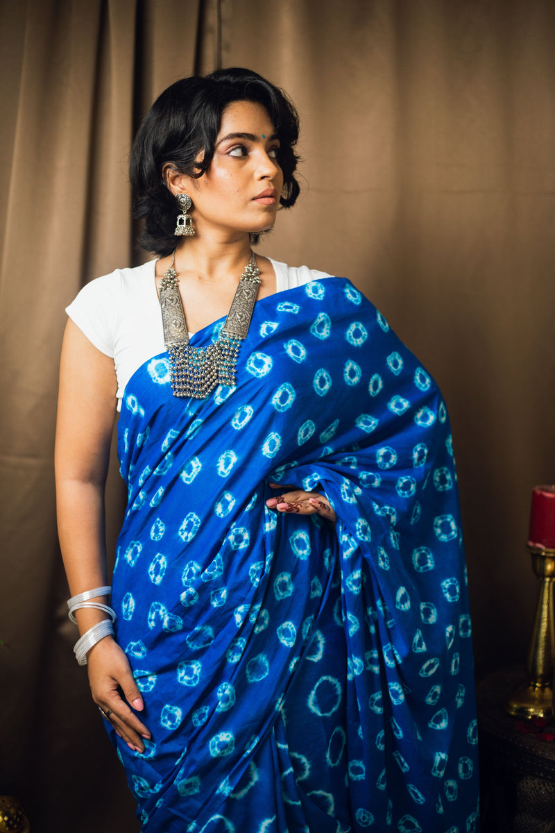 Cotton Mul Tie Dye Saree Blue Bindu-6