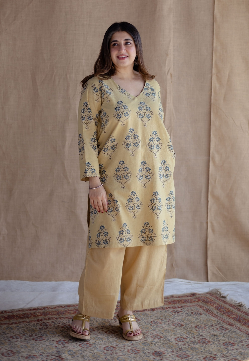 Kavya Yellow Ajrakh Cotton Straight Kurta with Hand Embroidery